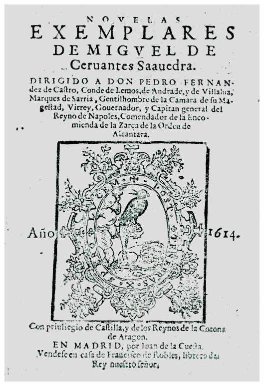 Portada de la edición tercera, falsificada, de las "Novelas ejemplares" de Miguel de Cervantes.