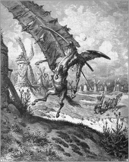 Don Quijote ataca los molinos de viento, mientras Sancho le previene. Ilustración de Gustave Doré para El ingenioso Hidalgo don Quijote de la Mancha, de Miguel de Cervantes. 